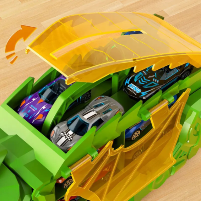 T-Rex Transportator cu 4 Mașinuțe Metalice – Dinozaur Transformabil (culoare aleatorie)