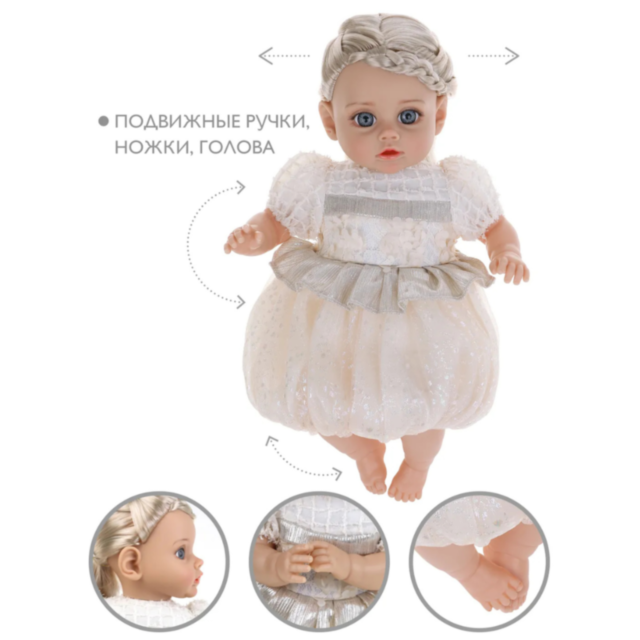 Păpușă Reborn Interactivă Blondă cu Rochie Albă și Voce – 35 cm 