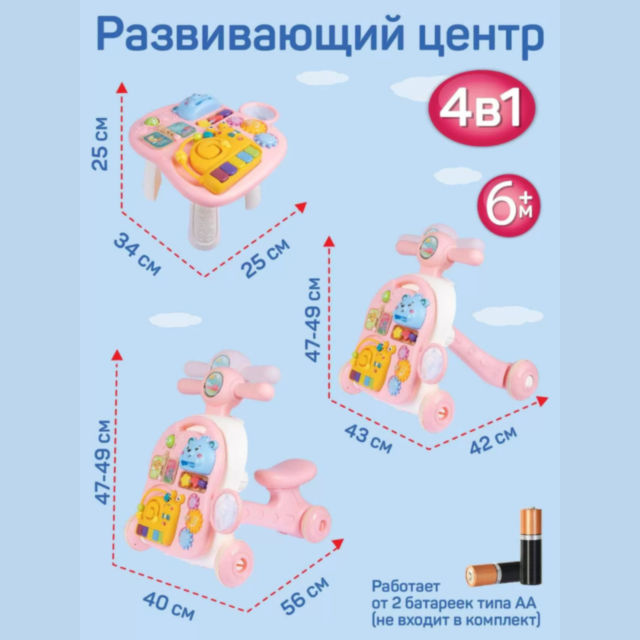 Centru Educativ 4-în-1 pentru Fetițe - Plimbător, Pian și Masă de Activități Roz