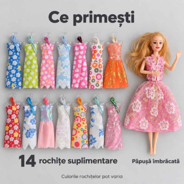 Păpușă fashion de 28 cm cu 14 rochițe