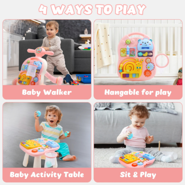 Premergător Muzical 3-în-1 pentru Bebeluși | Activități Educative și Masă de Joacă - Roz