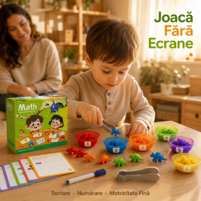 Joc Montessori de Sortare și Numărare cu Dinozauri