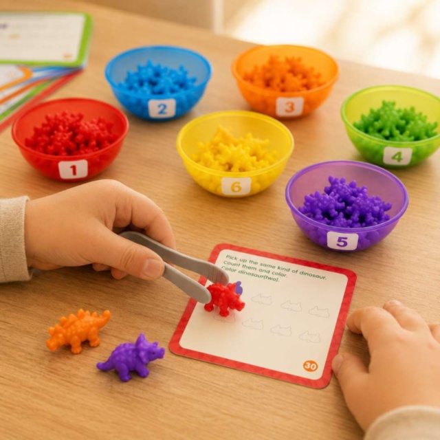 Joc Montessori de Sortare și Numărare cu Dinozauri