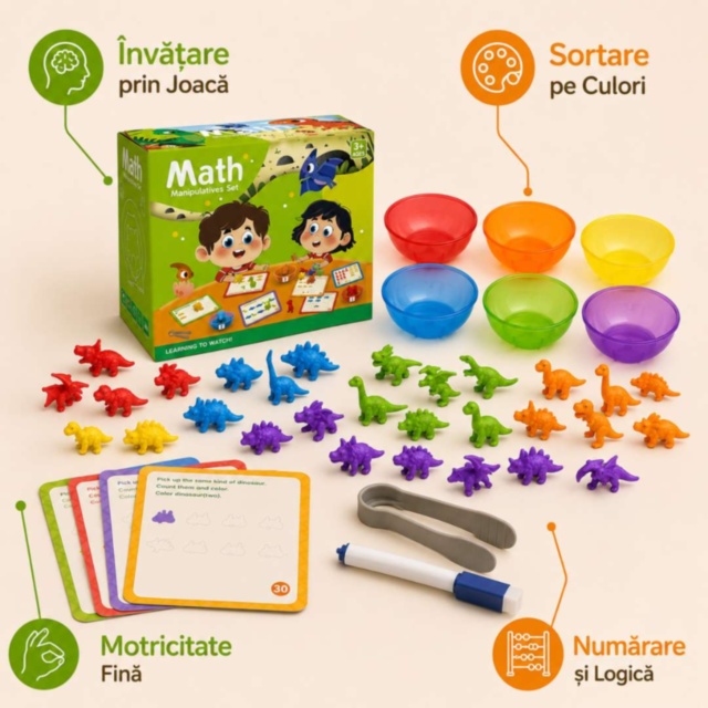 Joc Montessori de Sortare și Numărare cu Dinozauri
