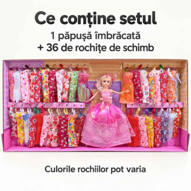 Set păpușă cu 36 de rochițe de schimb