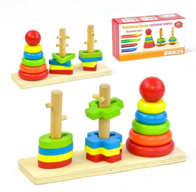 Piramida 3 în 1, Joc Montessori de Stivuit din Lemn 