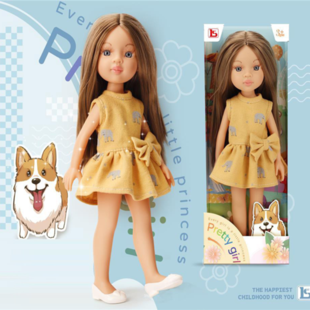 Păpușă Eva cu Rochie Galbenă și Păr Lung – 33 cm