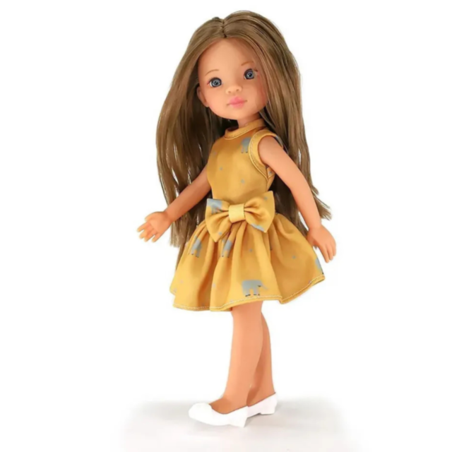 Păpușă Eva cu Rochie Galbenă și Păr Lung – 33 cm