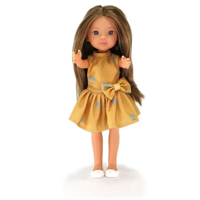 Păpușă Eva cu Rochie Galbenă și Păr Lung – 33 cm