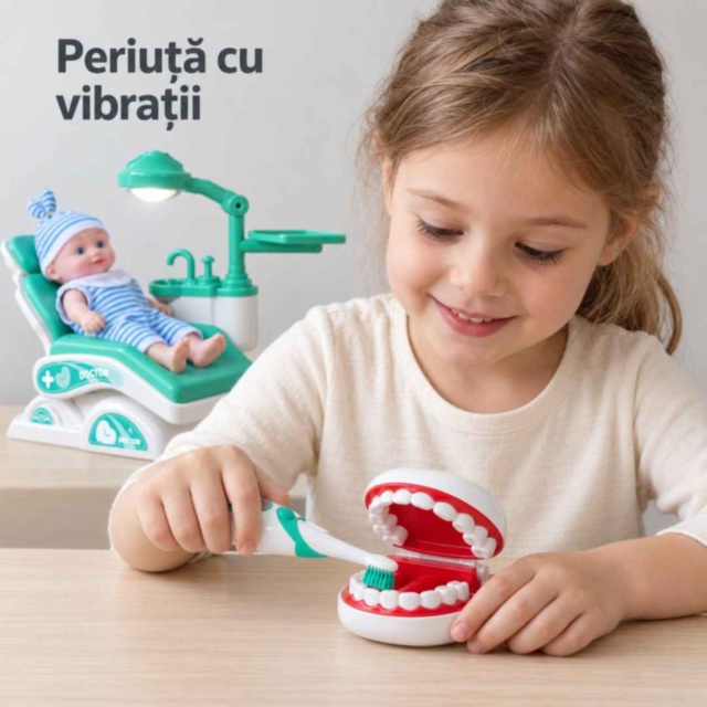 Set dentist turcoaz pentru copii cu păpușă și fotoliu