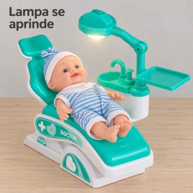 Set dentist turcoaz pentru copii cu păpușă și fotoliu