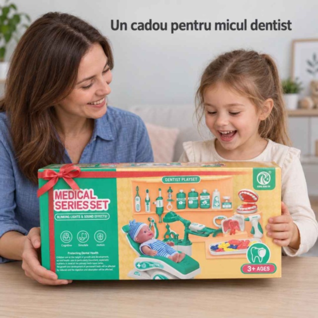 Set dentist turcoaz pentru copii cu păpușă și fotoliu