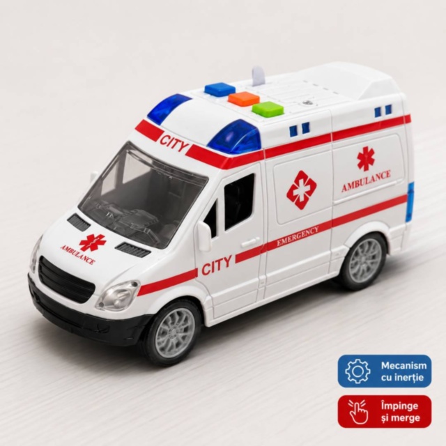Ambulanță de jucărie cu sunete, lumini și inerție