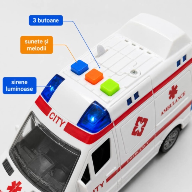 Ambulanță de jucărie cu sunete, lumini și inerție