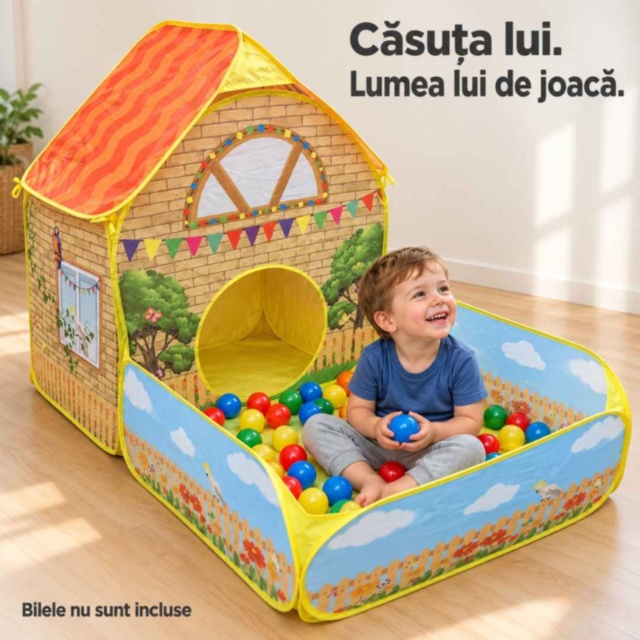 Căsuță de joacă pliabilă cu piscină pentru bile