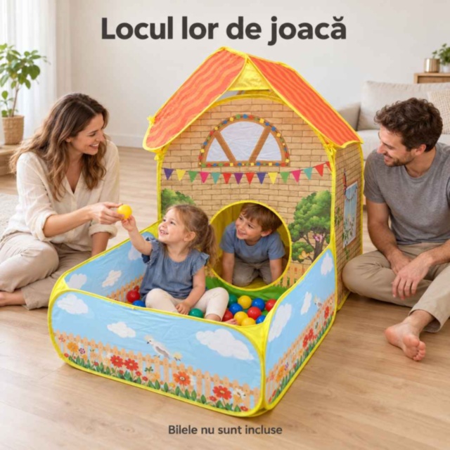 Căsuță de joacă pliabilă cu piscină pentru bile