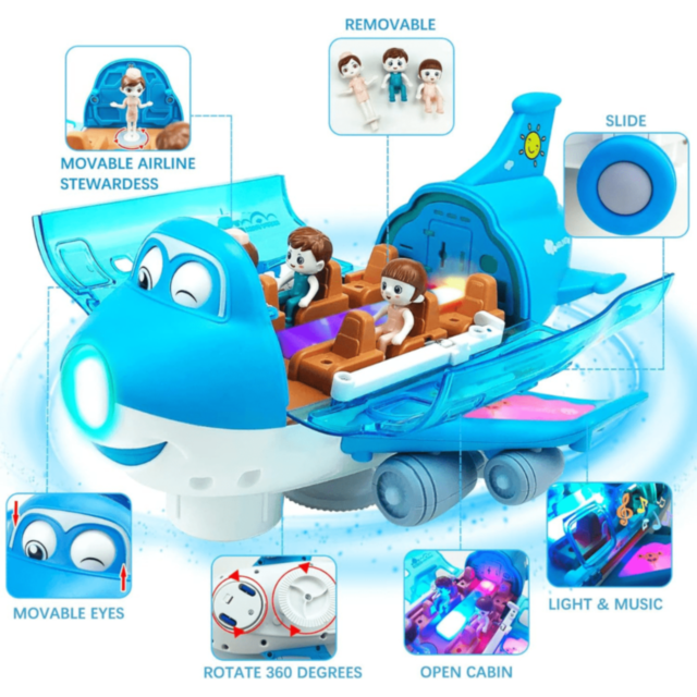 Avion Interactiv cu Lumină, Muzică și 3 Omuleți (culoare aleatorie)