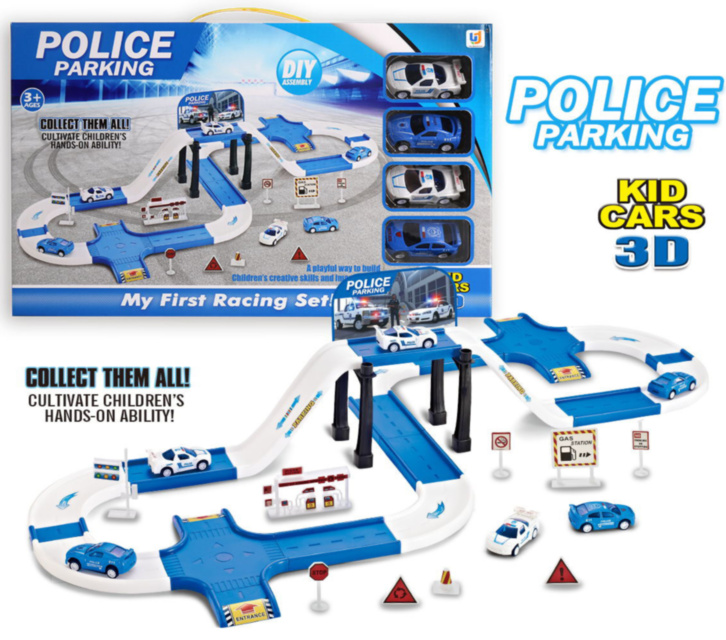 Set Parcare Etajată și Stație Peco cu 4 Mașinuțe de Poliție