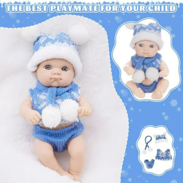 Păpușă Bebeluș Realistică cu Ținută de Iarnă și Accesorii (albastru)