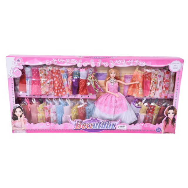 Păpușă Mare cu Rochii Colorate și Garderobă Elegantă