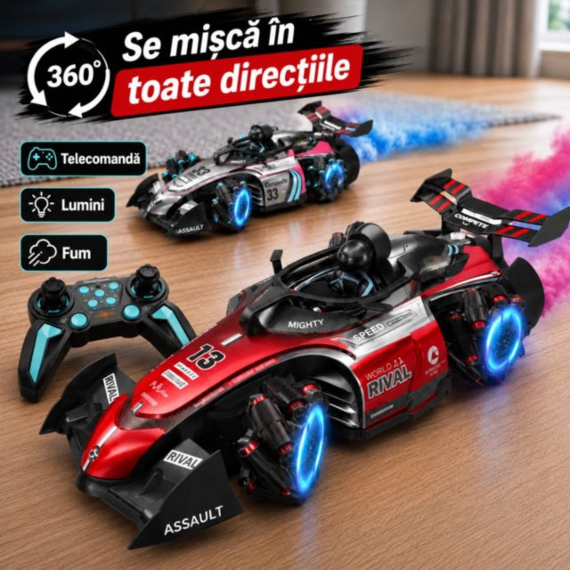 Mașinuță RC cu fum, lumini și mișcare 360°