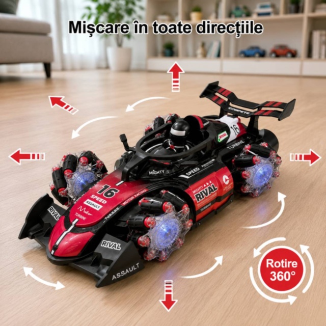 Mașinuță RC cu fum, lumini și mișcare 360°