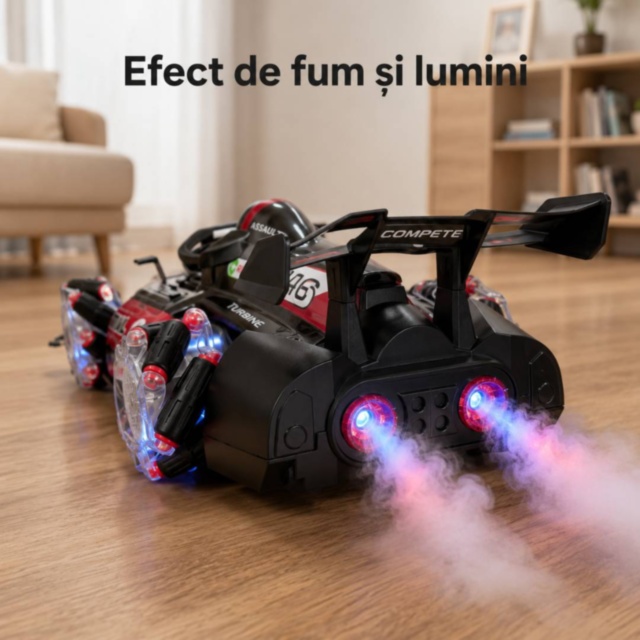 Mașinuță RC cu fum, lumini și mișcare 360°