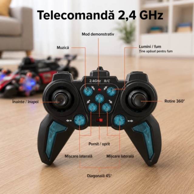 Mașinuță RC cu fum, lumini și mișcare 360°