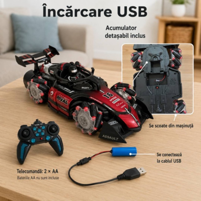 Mașinuță RC cu fum, lumini și mișcare 360°