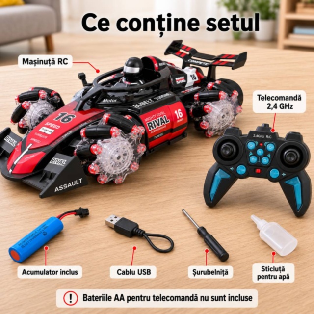 Mașinuță RC cu fum, lumini și mișcare 360°