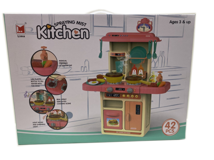 Bucatarie Completa Multifunctionala cu abur, chiuveta cu circuit de apa, frigider, cuptor, ustensile, lumini si sunete, Roz