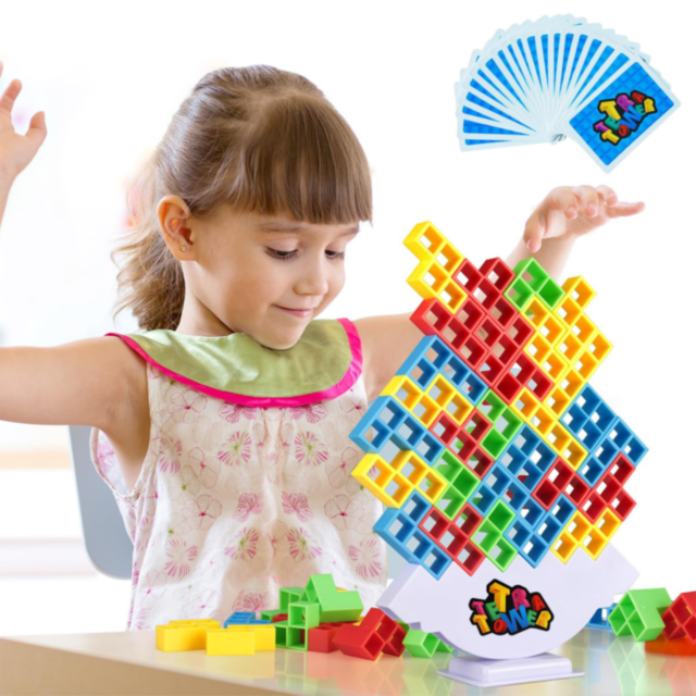 Joc de Echilibru Tetris Tower – 132 Piese Colorate și Cărți de Provocare