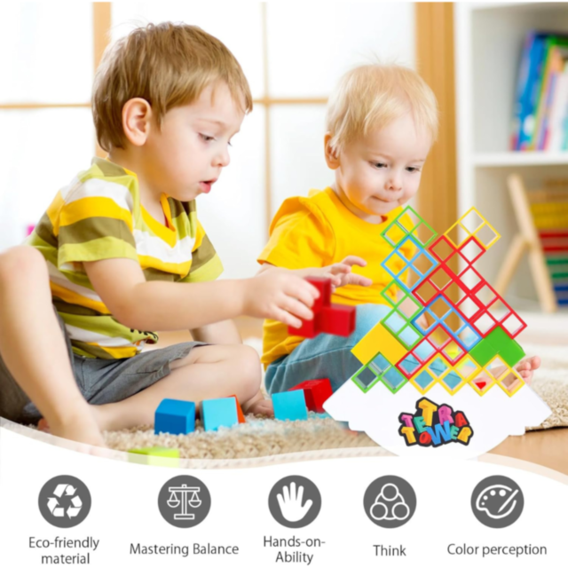 Joc de Echilibru Tetris Tower – 132 Piese Colorate și Cărți de Provocare