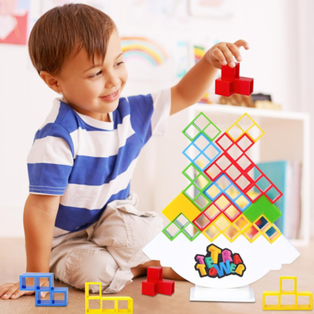 Joc de Echilibru Tetris Tower – 132 Piese Colorate și Cărți de Provocare