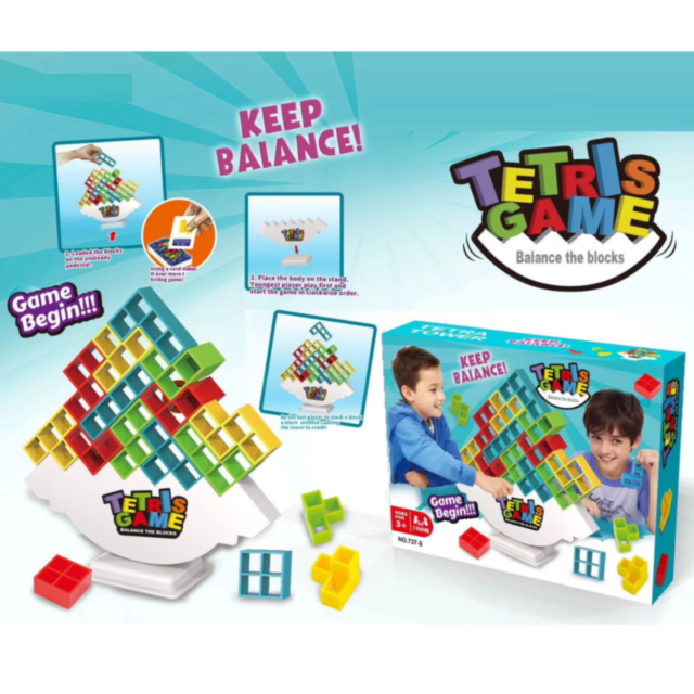 Joc de Echilibru Tetris Tower – 132 Piese Colorate și Cărți de Provocare