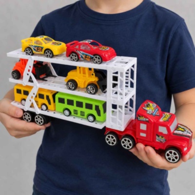 Camion transportor cu inerție, mașinuțe, utilaje și autobuze incluse | image