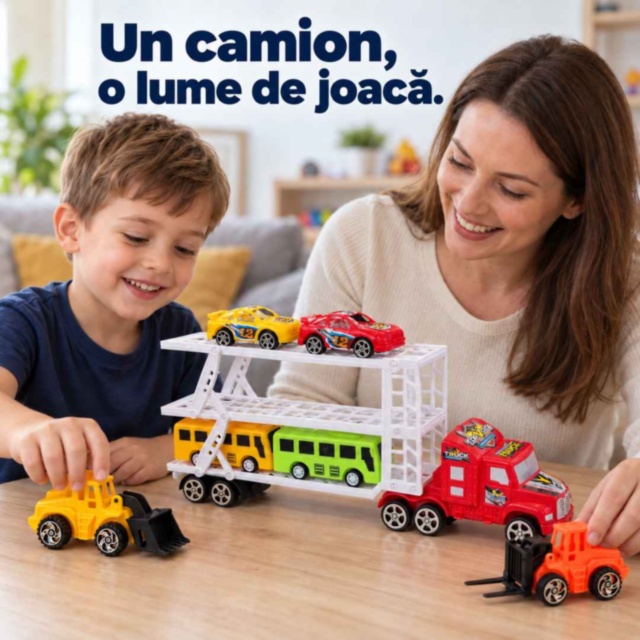 Camion transportor cu inerție, mașinuțe, utilaje și autobuze incluse