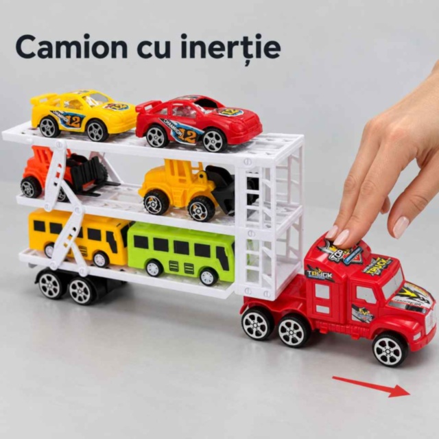 Camion transportor cu inerție, mașinuțe, utilaje și autobuze incluse