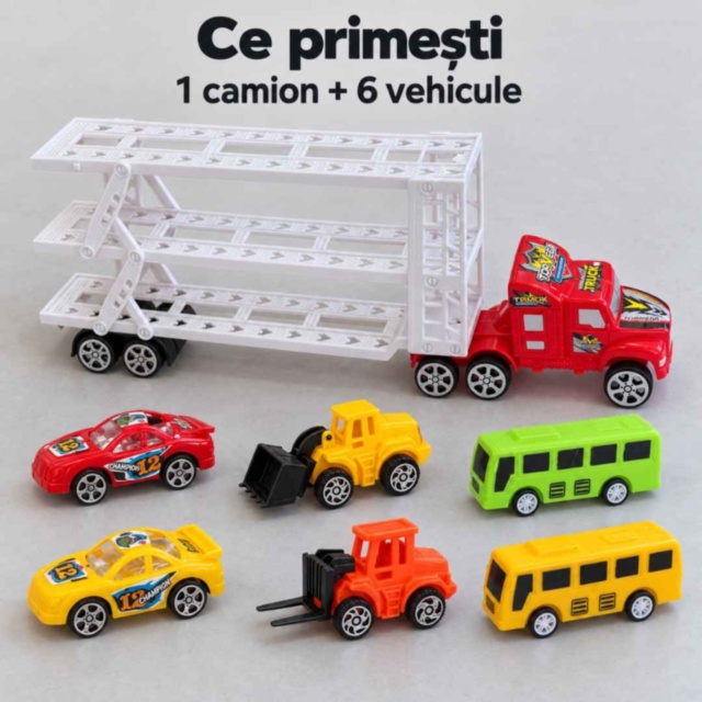 Camion transportor cu inerție, mașinuțe, utilaje și autobuze incluse