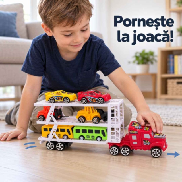 Camion transportor cu inerție, mașinuțe, utilaje și autobuze incluse