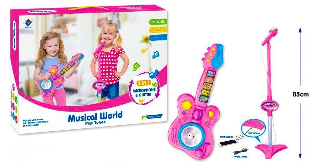 Set Chitară Electronică și Microfon Karaoke Reglabil, Amplificator Voce, Mufă MP3 și Lumini