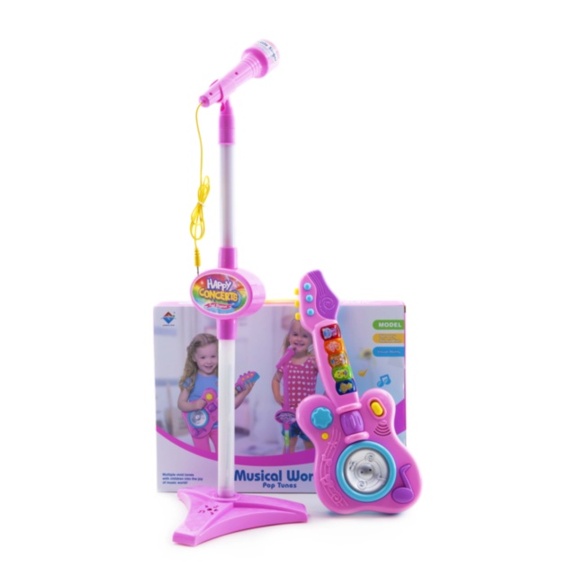 Set Chitară Electronică și Microfon Karaoke Reglabil, Amplificator Voce, Mufă MP3 și Lumini