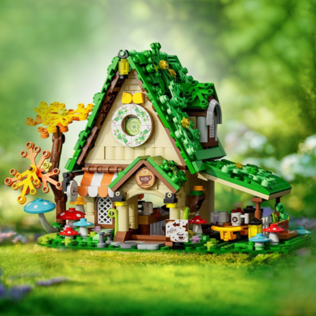 Set de Construit Coffee House – Căsuță de Cafea cu Lumină LED și 2 Figurine, 608 piese