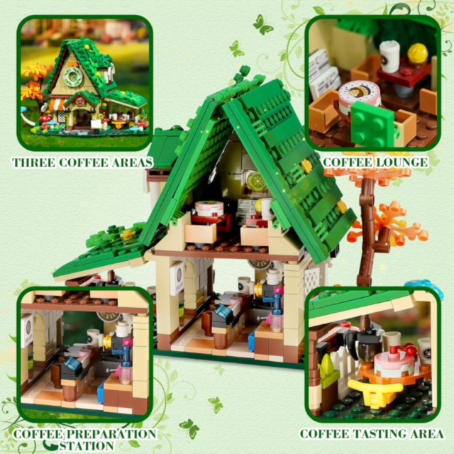 Set de Construit Coffee House – Căsuță de Cafea cu Lumină LED și 2 Figurine, 608 piese