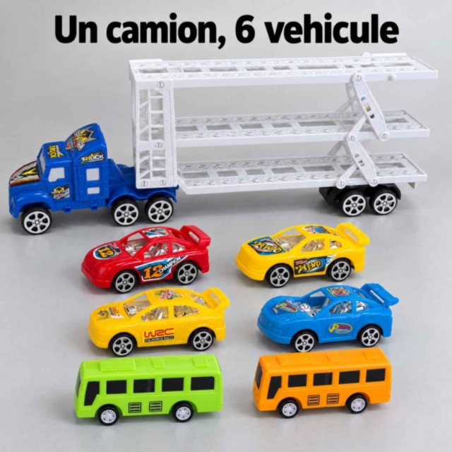 Camion transportor cu inerție, patru mașinuțe și două autobuze