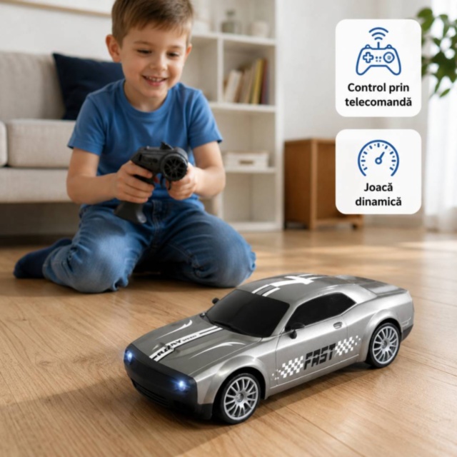Mașinuță RC 1:20 cu telecomandă, lumini și conuri