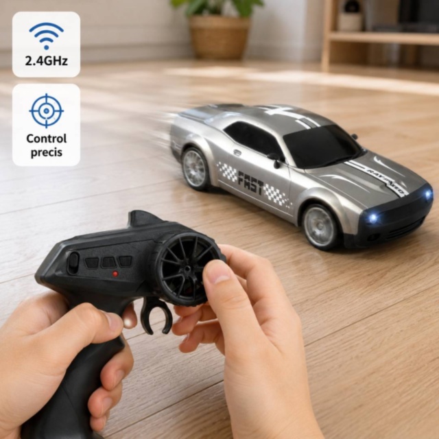 Mașinuță RC 1:20 cu telecomandă, lumini și conuri