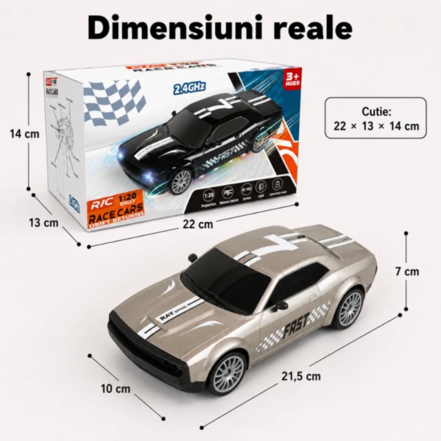 Mașinuță RC 1:20 cu telecomandă, lumini și conuri