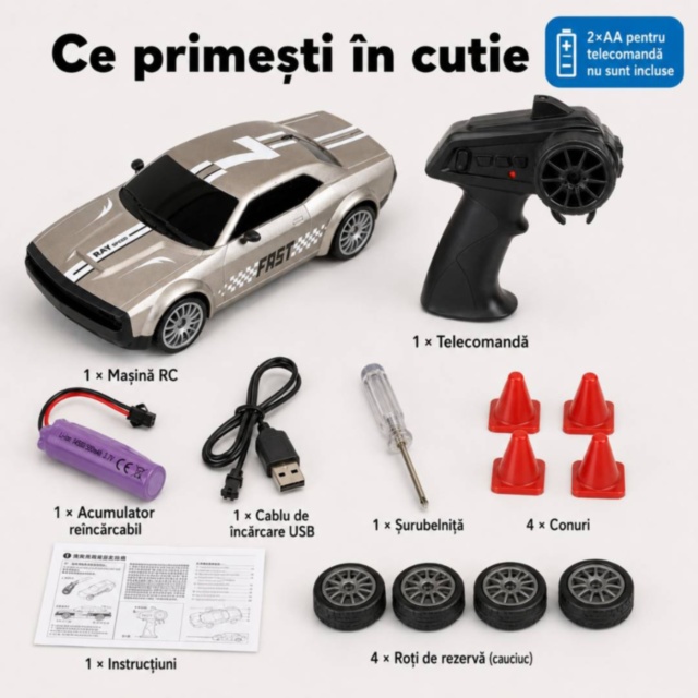 Mașinuță RC 1:20 cu telecomandă, lumini și conuri