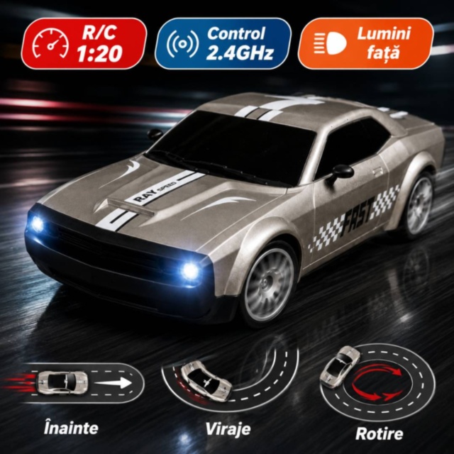 Mașinuță RC 1:20 cu telecomandă, lumini și conuri